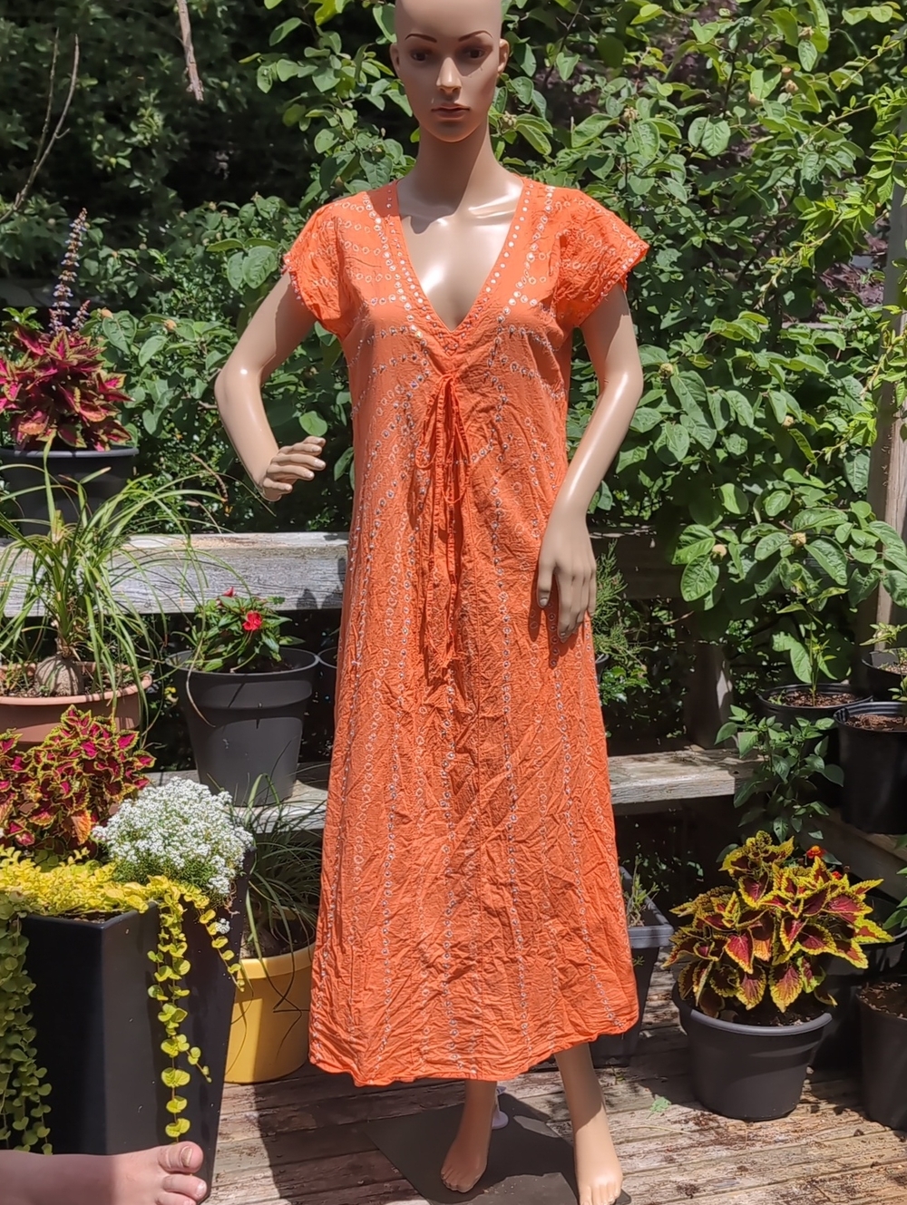 Boho Orange Cotton V‑Neck Maxi Dress with Front Tie Sequin Detail 48" Long
